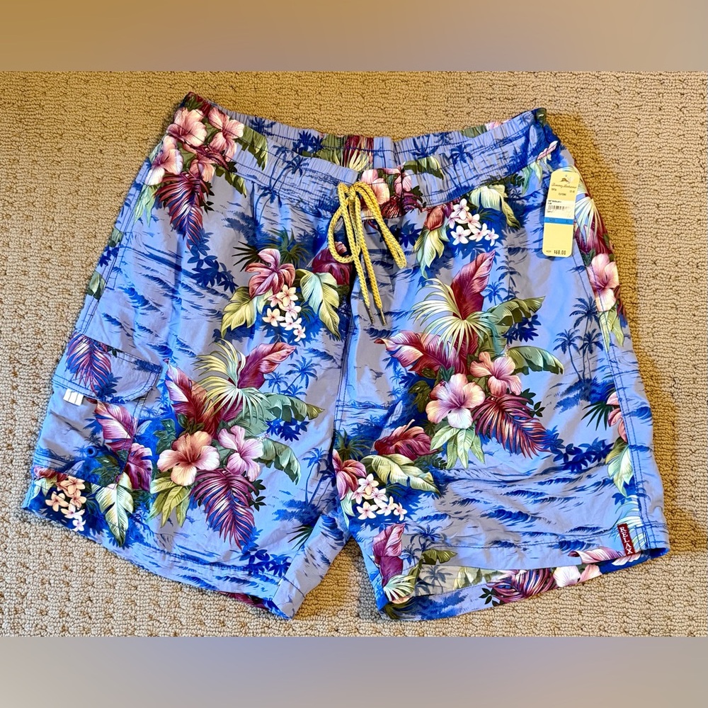 NWT Tommy Bahama Blue Floral Hybrid Swim Shorts with Yellow Drawstring, Sz XL